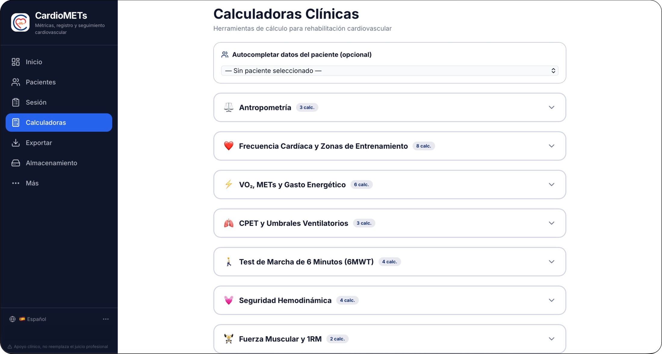 Pantalla de calculadoras clínicas para rehabilitación cardiovascular