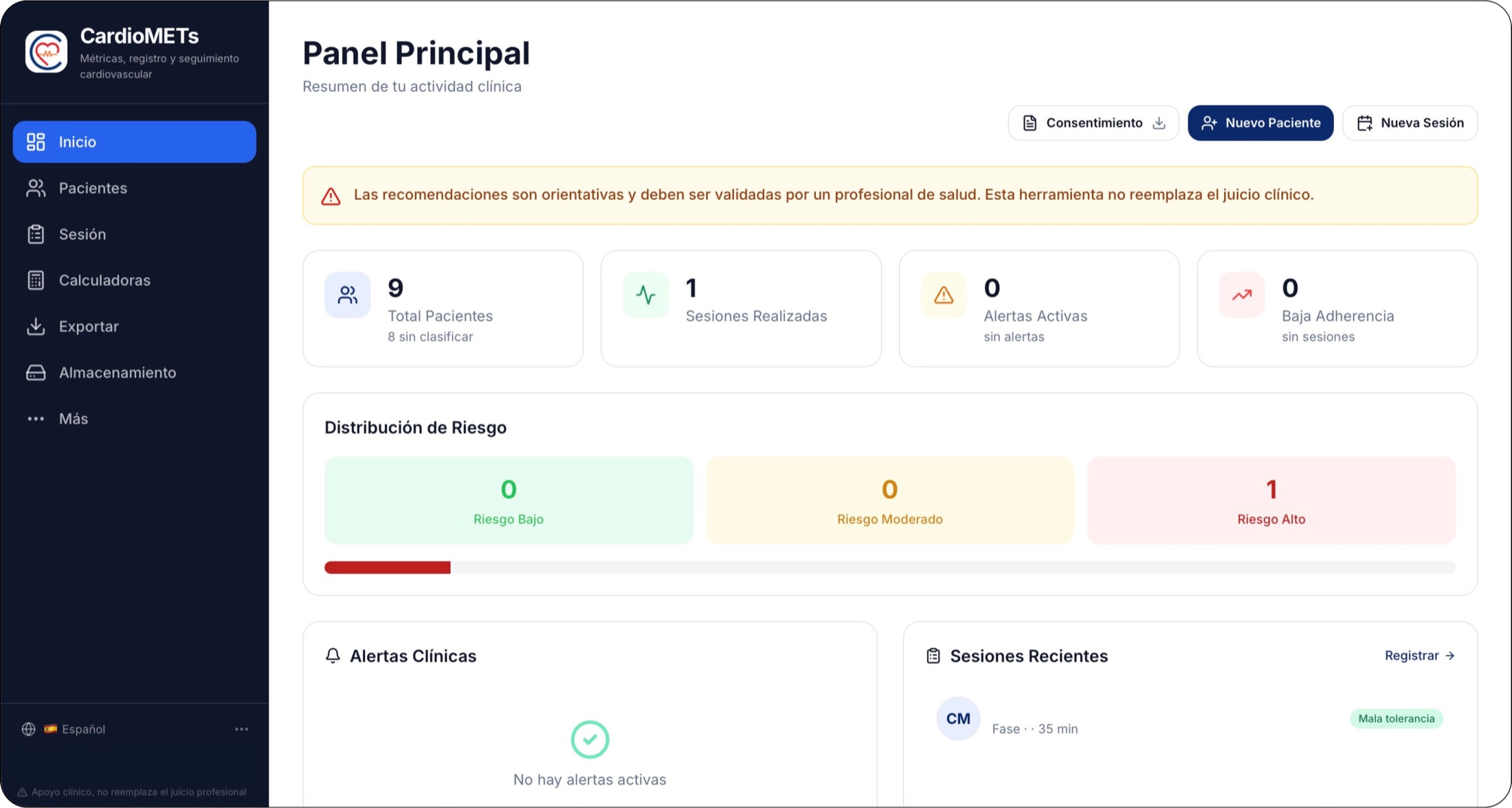 Dashboard de CardioMETs con pacientes, riesgo, sesiones y alertas