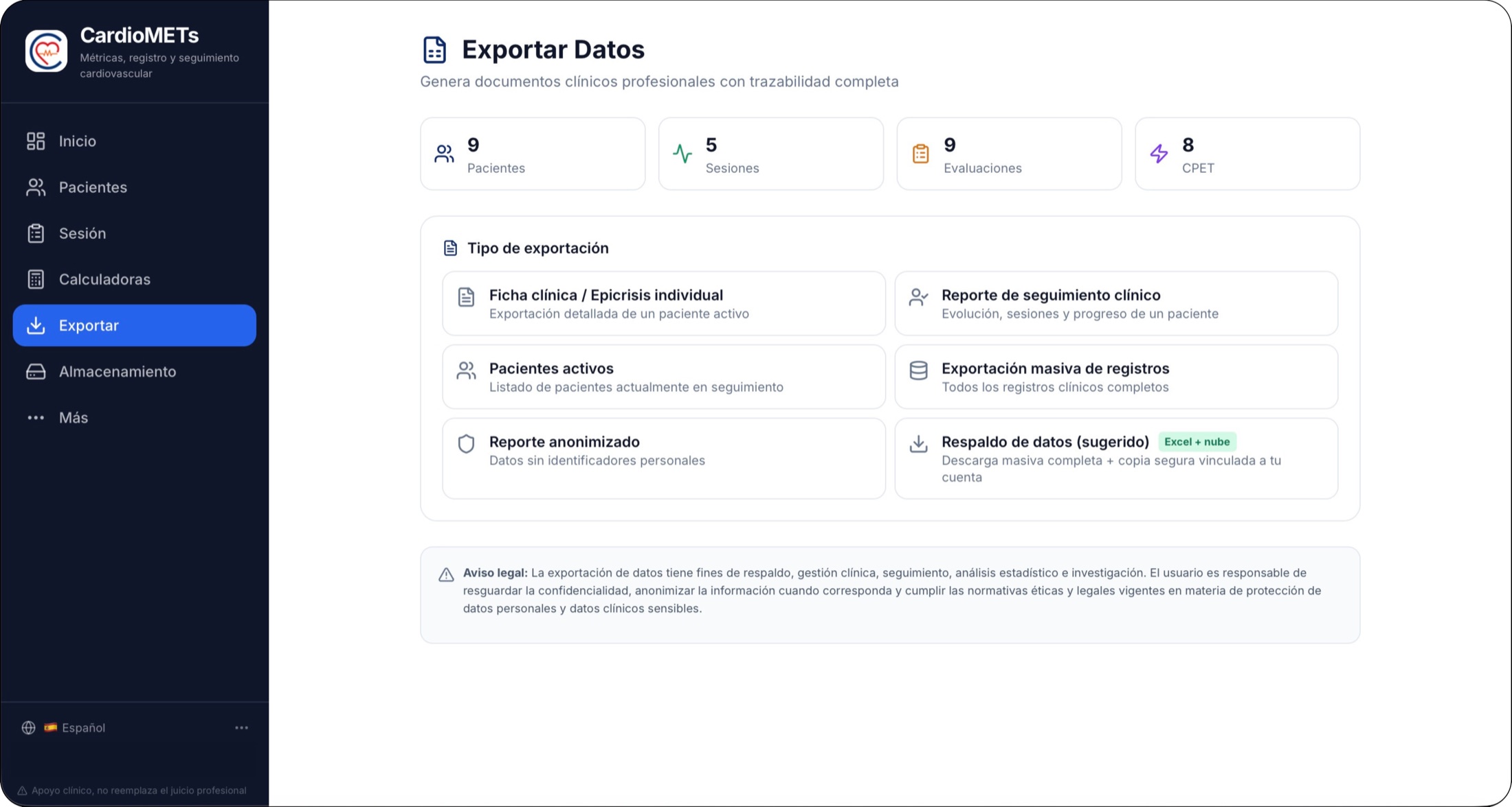 Pantalla de exportación de datos clínicos, PDF, reportes y respaldo masivo