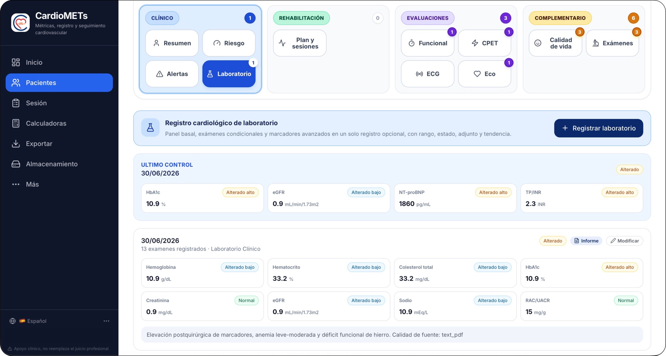Registro de laboratorio con clasificación visual de valores normales, altos y bajos