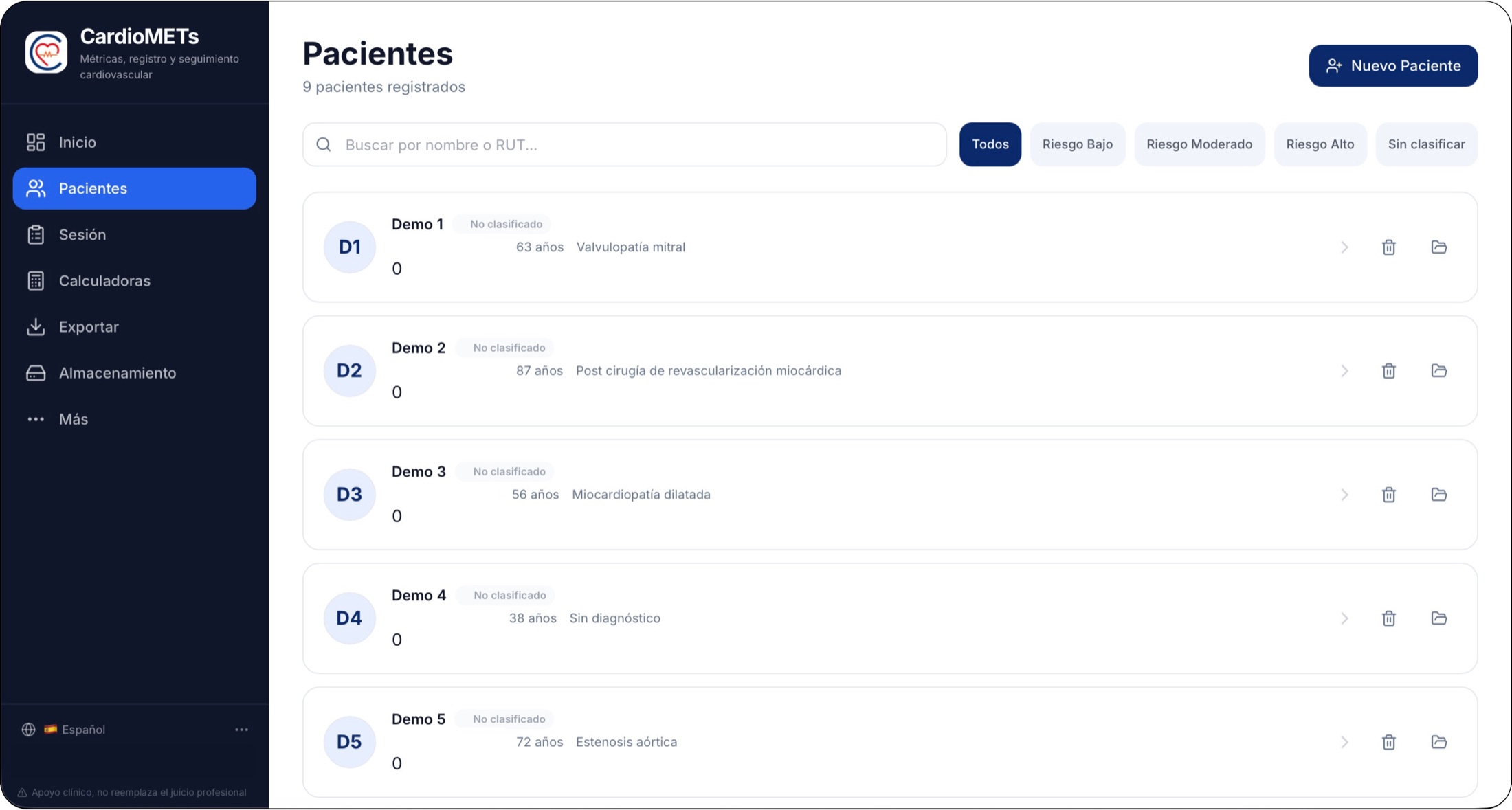 Listado de pacientes de CardioMETs con búsqueda, filtros y accesos de gestión